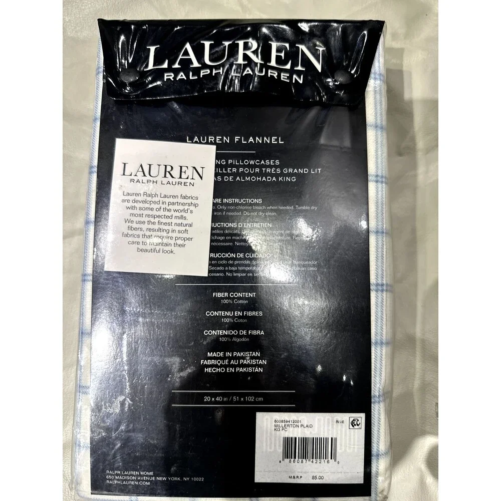 Lauren Ralph Lauren Flannel Pillowcases Millerton Blue Plaid Size King 20 x 40